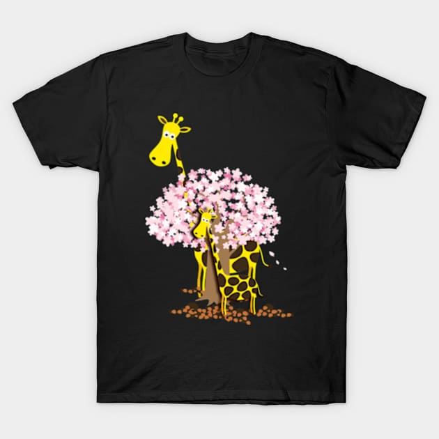 Mommy and baby giraffes under the cherry blossom tree T-Shirt by Mayathebeezzz